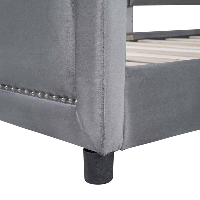 Twin Size Upholstered Daybed with Classic Stripe Shaped Headboard