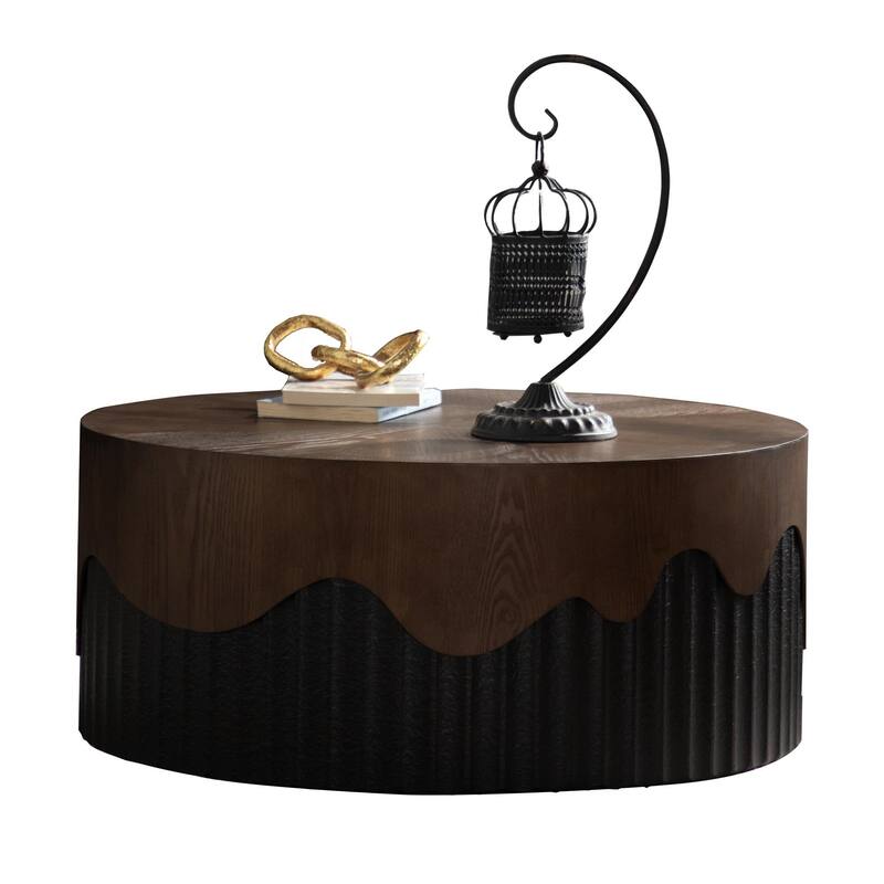 30.31" Round Coffee Table Handcrafted Relief Sturdy Pedestal Wooden Tea Table for Living Room no need to Assemble