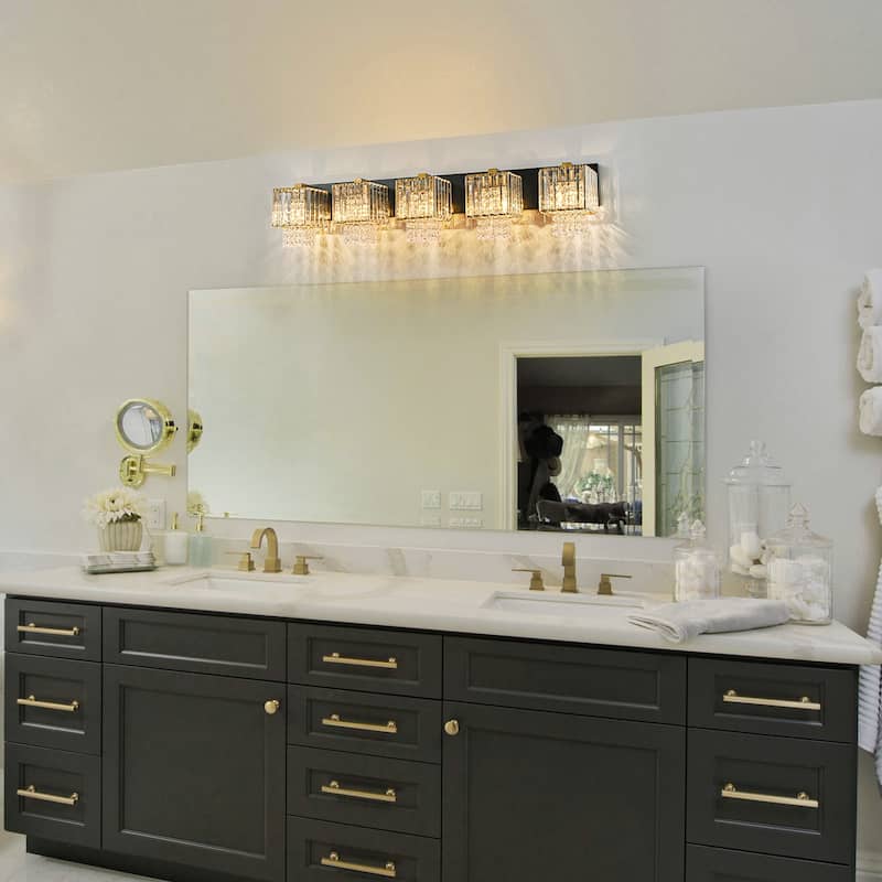Modern Dimmable Glam Crystal Bathroom Vanity Lights Linear Black Gold Wall Light - Black & Gold
