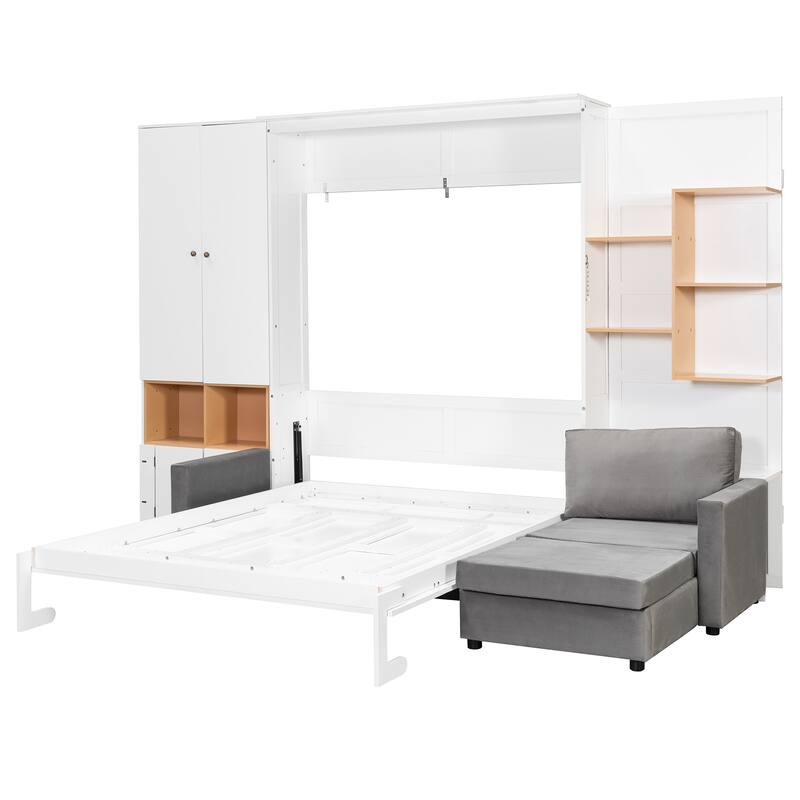 Modern Queen Murphy Bed with Sofa & Storage Shelves, Space-Saving Wall Bed with Integrated LED Lights