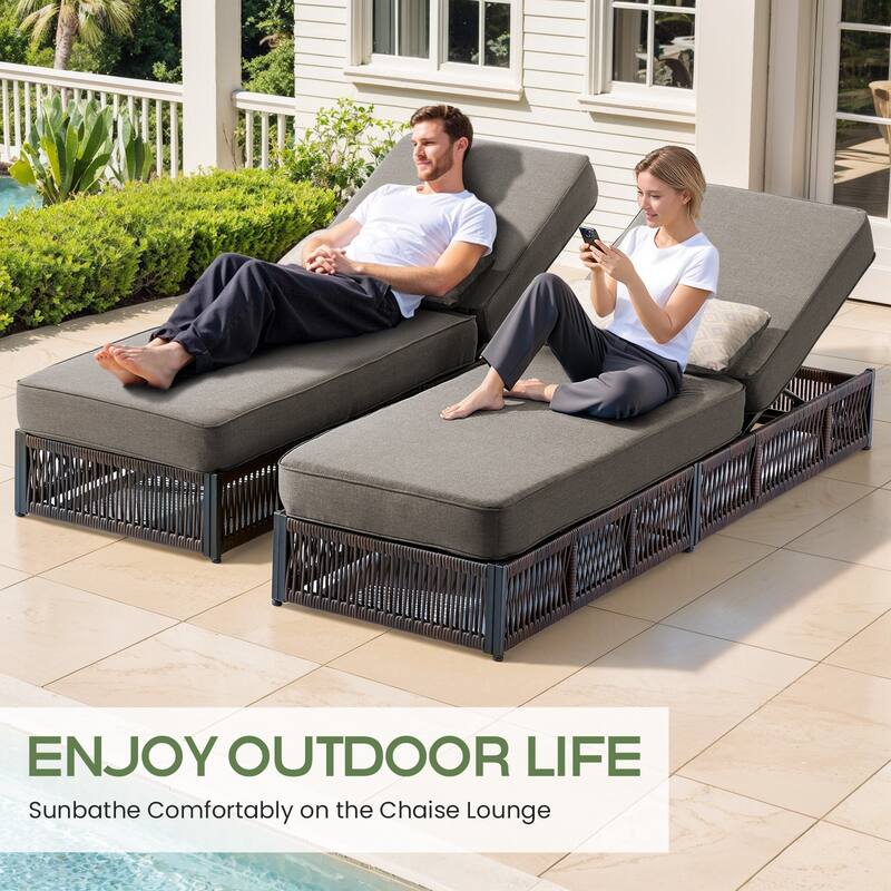 ArcoBay Brown Wicker Outdoor Patio Chaise Lounge with 5-Inch Thick Cushions