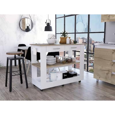 Light Oak and White Kitchen Island with Drawer Shelves and Casters - 20" X 40" X 20"
