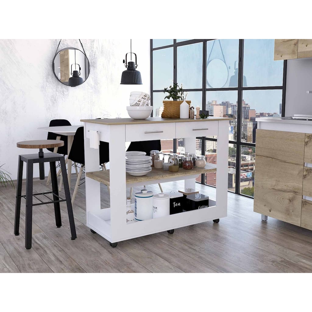Light Oak and White Kitchen Island with Drawer Shelves and Casters - 20" X 40" X 20"