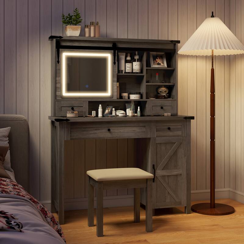 LED Dressing Table With 4 Drawers Cabinet Shelves And Stool - 42" W x 15.9" D x 54.1"H