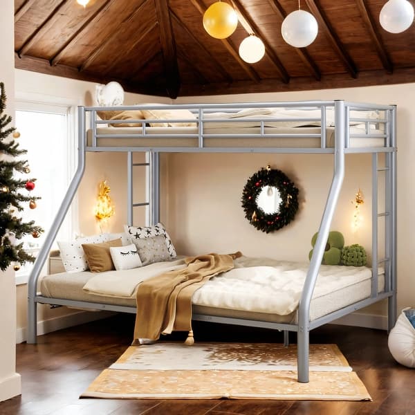 slide 2 of 10, Wider Design Twin XL over Queen Metal Bunk Bed with Ladder and Safety Guardrails Silver