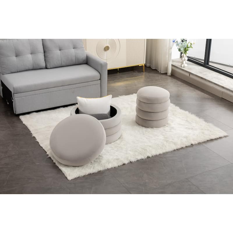 Round Storage Ottoman Footstool, Boucle Fabric Upholstered Vanity Stool, Small Ottomans Table with Removable Lid