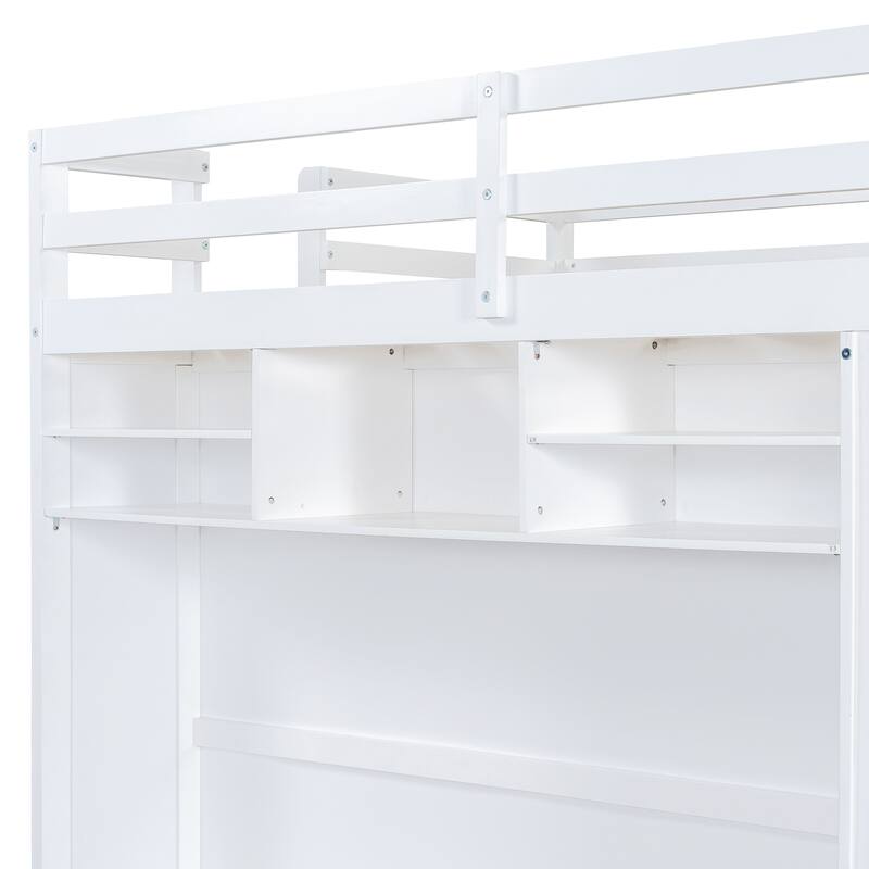 Full Size Loft Bed with Storage, LED Light, and Shelves - White