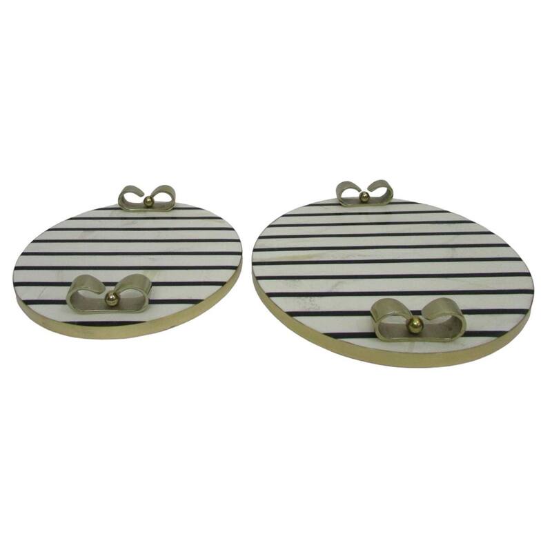 Resin Trays Round Striped with Bow Handles (Set of 2) - 3" Cream - 14" x 14" x 2.5" - Cream - 14" x 14" x 2.5"