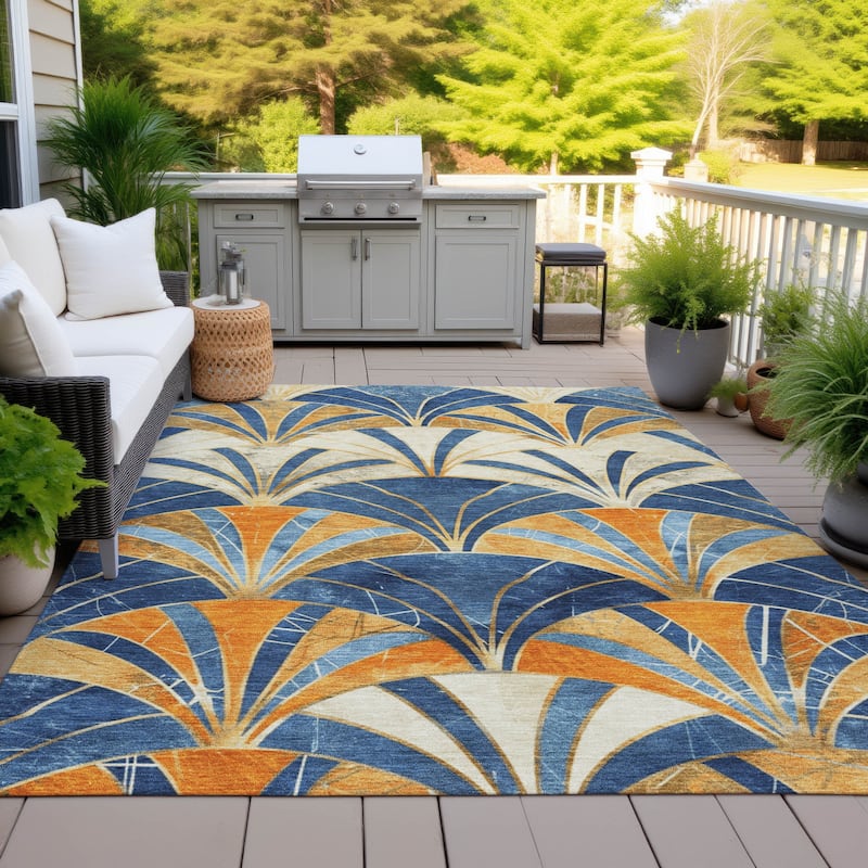 Machine Washable Indoor/Outdoor Geo Mosaic Chantille Rug - Blue - 5' x 7'6"