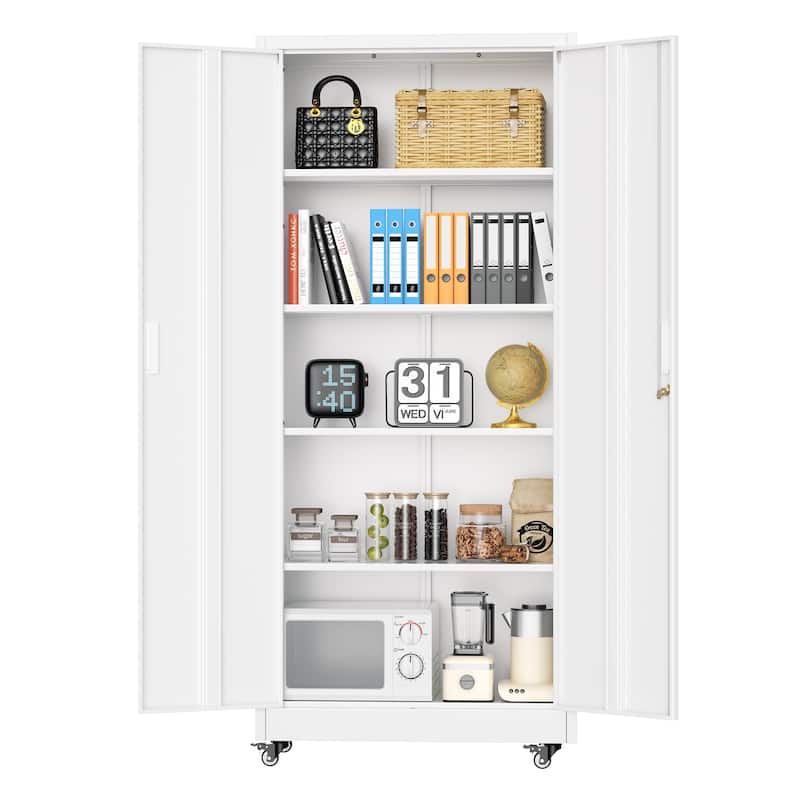 73" Rolling Garage Storage Cabinet with Locking Doors and Adjustable Shelves for Garage, Home Office, School