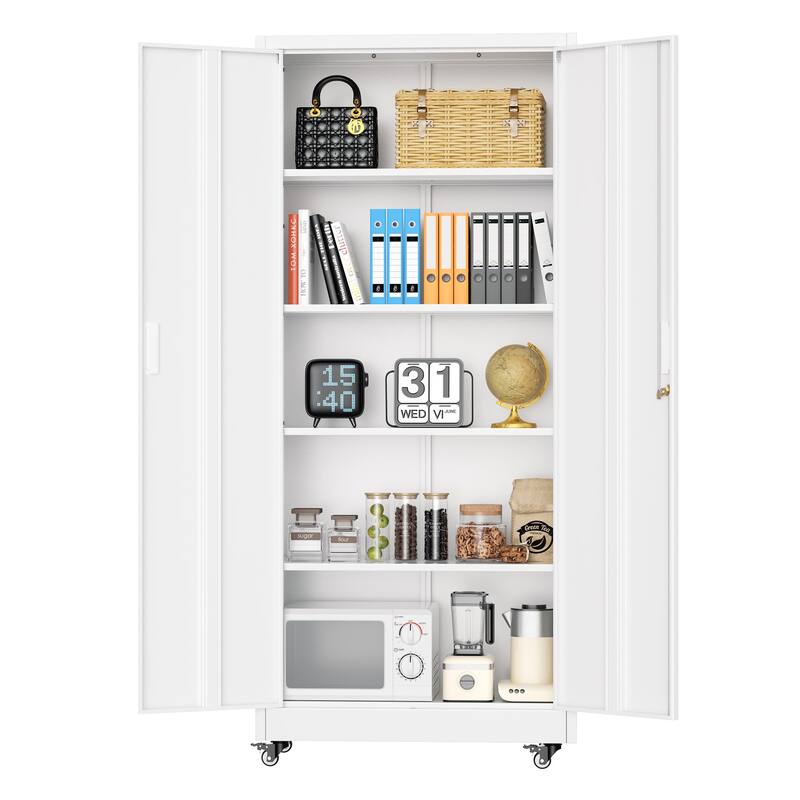 Tall Garage Storage Rolling Tool Cabinet with Locking Doors and Adjustable Shelves for Garage, Home Office, School - White