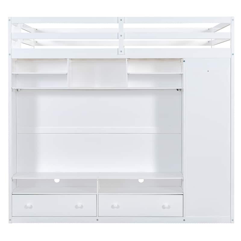 Full Size Loft Bed with Storage, LED Light, and Shelves - White