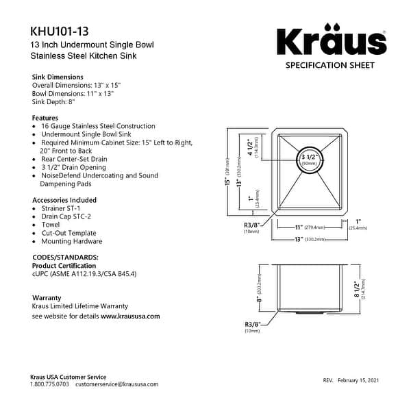 dimension image slide 3 of 8, KRAUS Standart PRO Undermount Single Bowl Stainless Steel Kitchen Sink