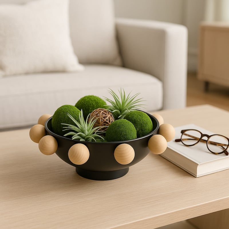 Wood and Metal Decorative Bowl with Fir Sphere Accents - 13" - 13.0"