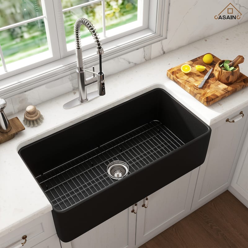 Farmhouse/Apron-Front Single Bowl Fireclay Kitchen Sink with 3-Function Pull-Down Kitchen Faucet, Grid, and Basket Strainer