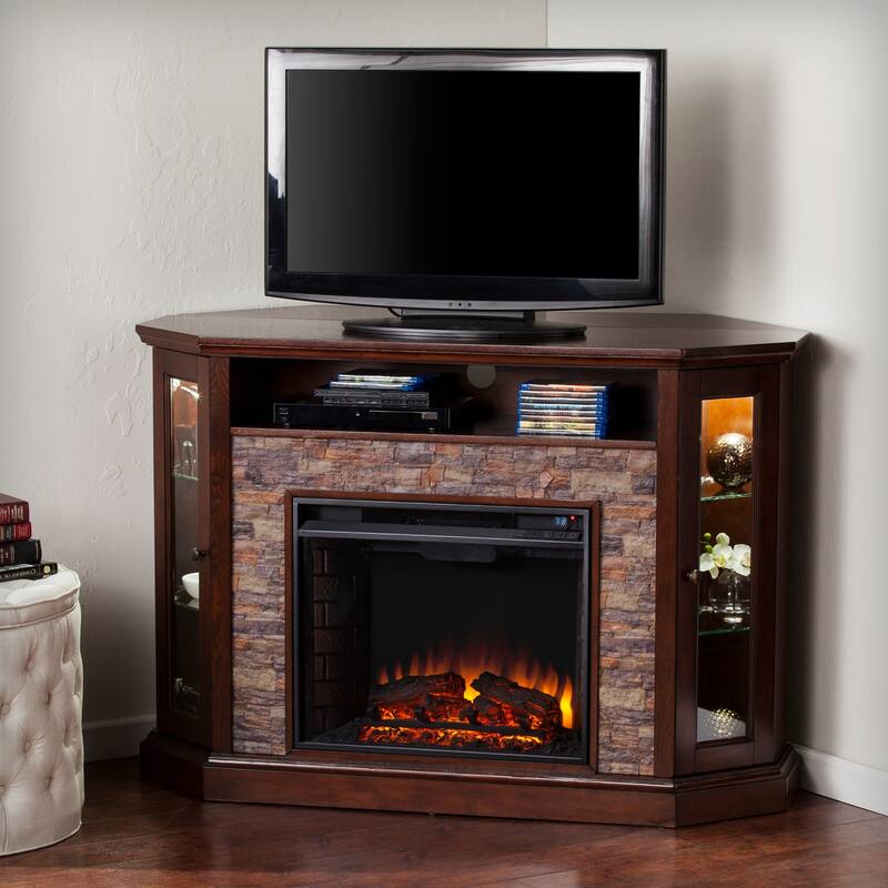52.5 in. Freestanding Glass Smart Electric Fireplace TV Stand in Brown for contemporary flat screen consoles