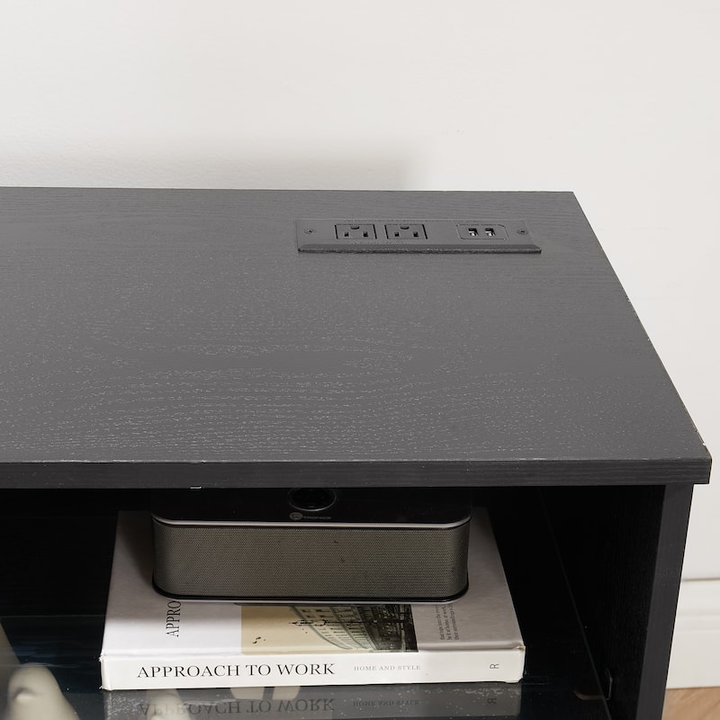 Black 58" Fireplace TV Stand with LED, Glass Shelves & USB for TVs Up to 62"