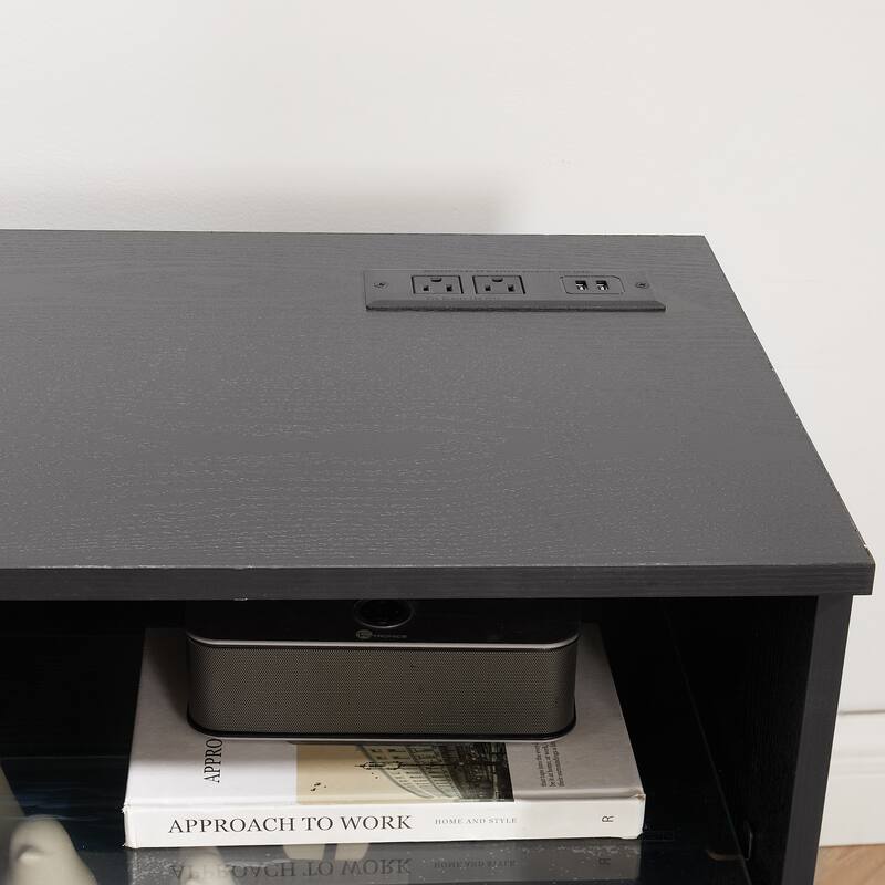 Modern 3D Fireplace TV Stand with USB Ports, LED Color Options, and Glass Storage Shelves for TVs 32-62'' - Black