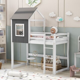 Modern Pine Wood Twin Size House-shaped Frame Loft Bed with Fixed ...