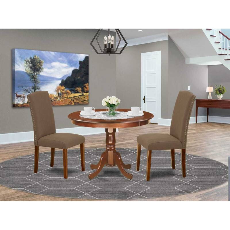 Dining Table Set 3pc - 42 Inch Round Table & 2 Parsons Chairs - Linen Fabric - Dark Coffee Finish