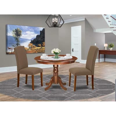 Dining Table Set 3pc - 42 Inch Round Table & 2 Parsons Chairs - Linen Fabric - Dark Coffee Finish