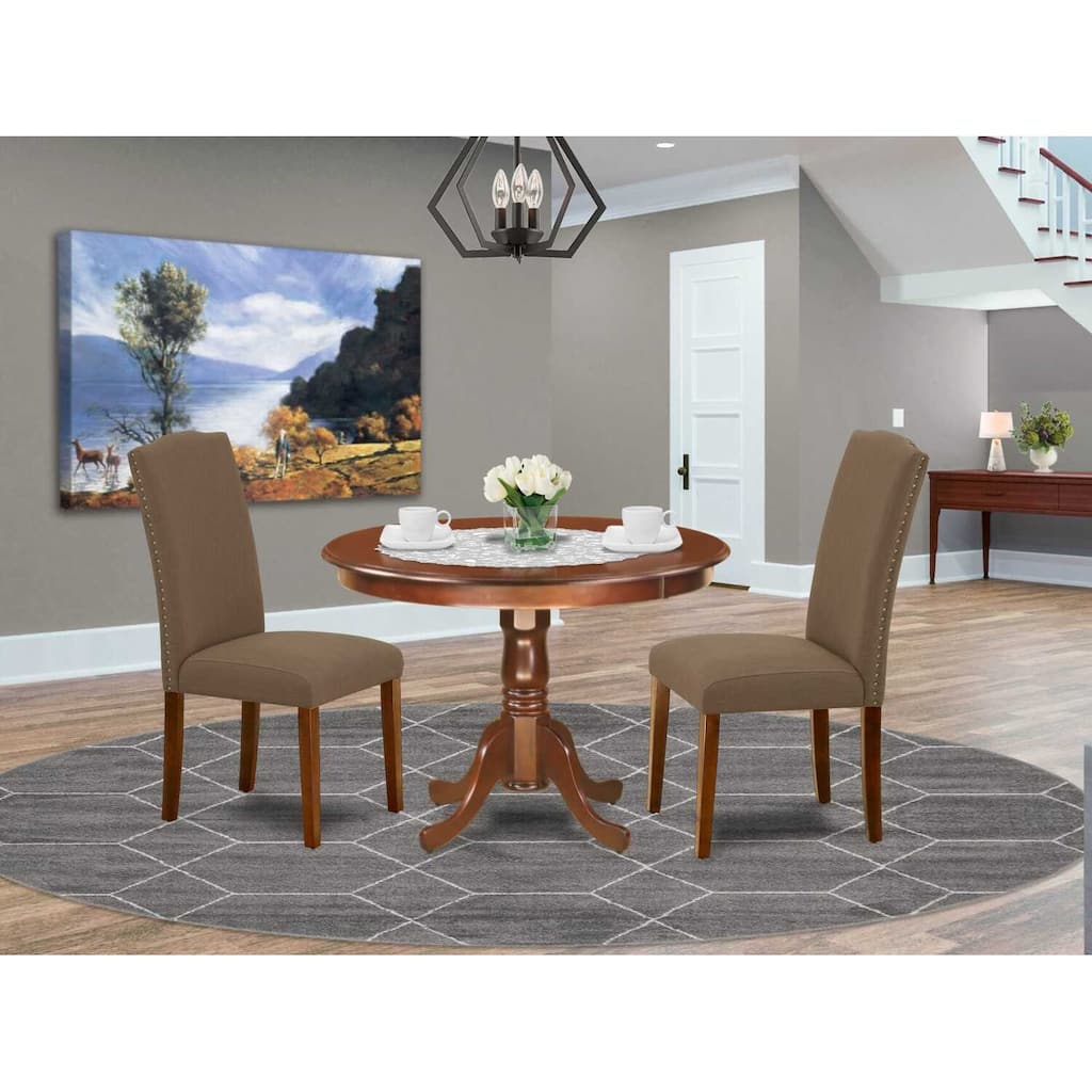 Dining Table Set 3pc - 42 Inch Round Table & 2 Parsons Chairs - Linen Fabric - Dark Coffee Finish