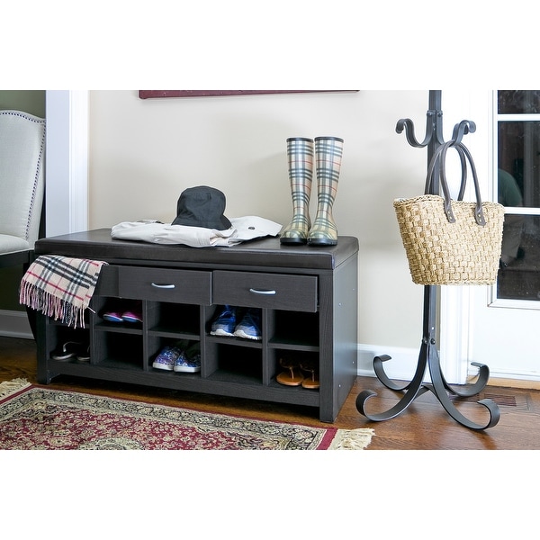 Espresso Entryway Bench w/10 Shoe Storage Cubes & Faux Leather Seat