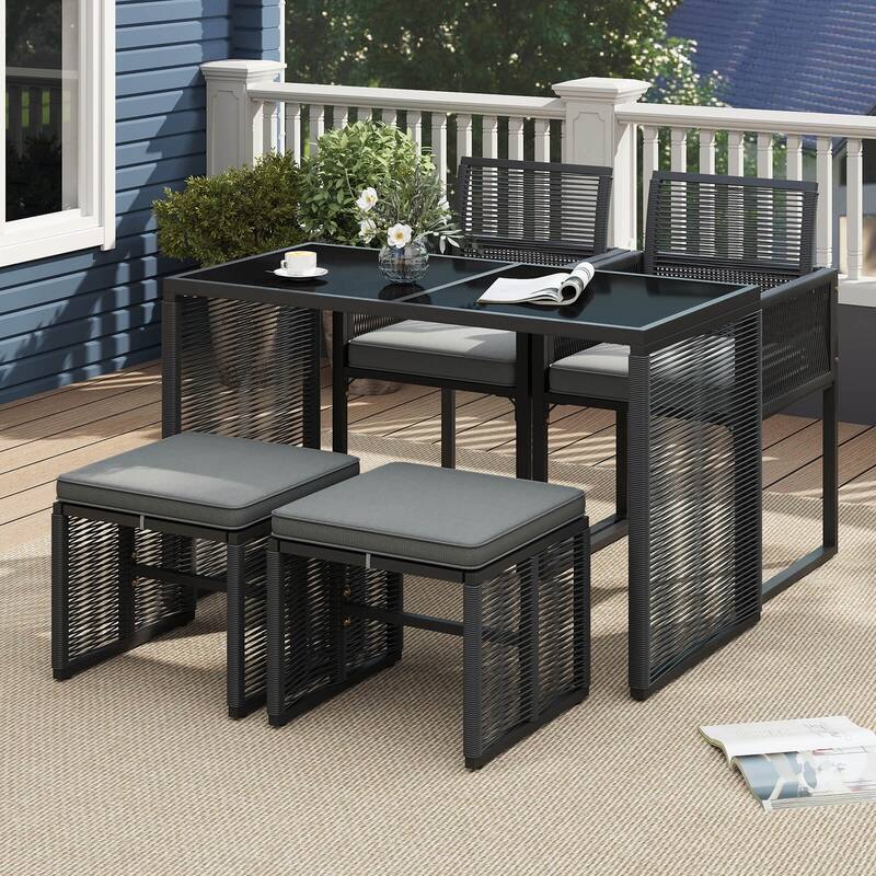 Costway 5 PCS PE Wicker Patio Dining Set Outdoor Conversation Set with - See Details - Black+Gray - See Details