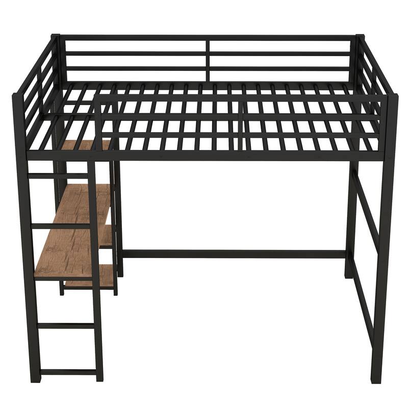 Full Size Black Metal Loft Bed with Built-in Desk and Storage Shelves