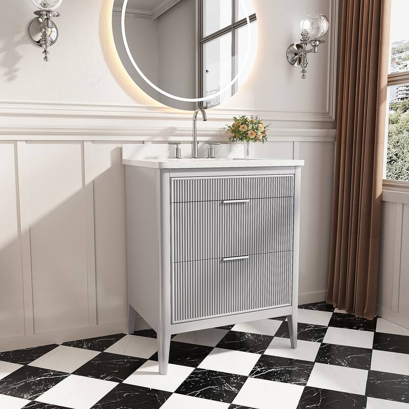 GDFStudio - Modern 30" Freestanding Bathroom Vanity with Engineered Carrara Marble Top & Integrated Sink, Fully Assembled