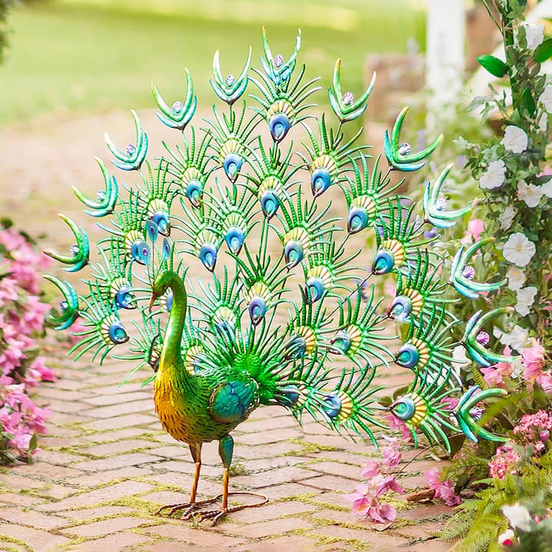 Colorful Metal Indoor/Outdoor Standing Peacock Sculpture