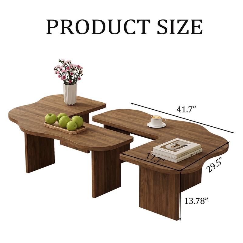 Mid-Century Modern Irregular Cloud 2-Piece Modular Coffee Table - Brown Wood, Living Room Center Table