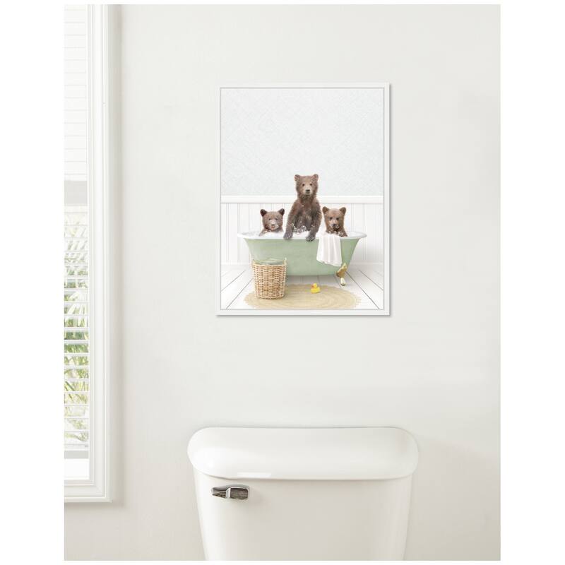 Kate and Laurel Sylvie Three Bear Cubs in Cottage Green Bath Framed Canvas by Amy Peterson