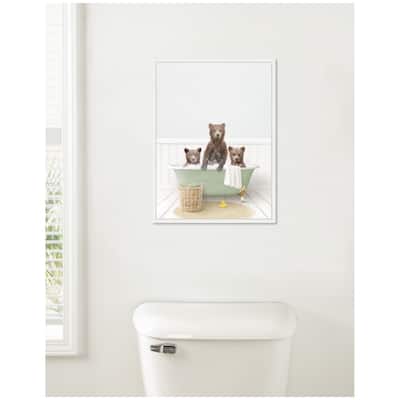 Kate and Laurel Sylvie Three Bear Cubs in Cottage Green Bath Framed Canvas by Amy Peterson