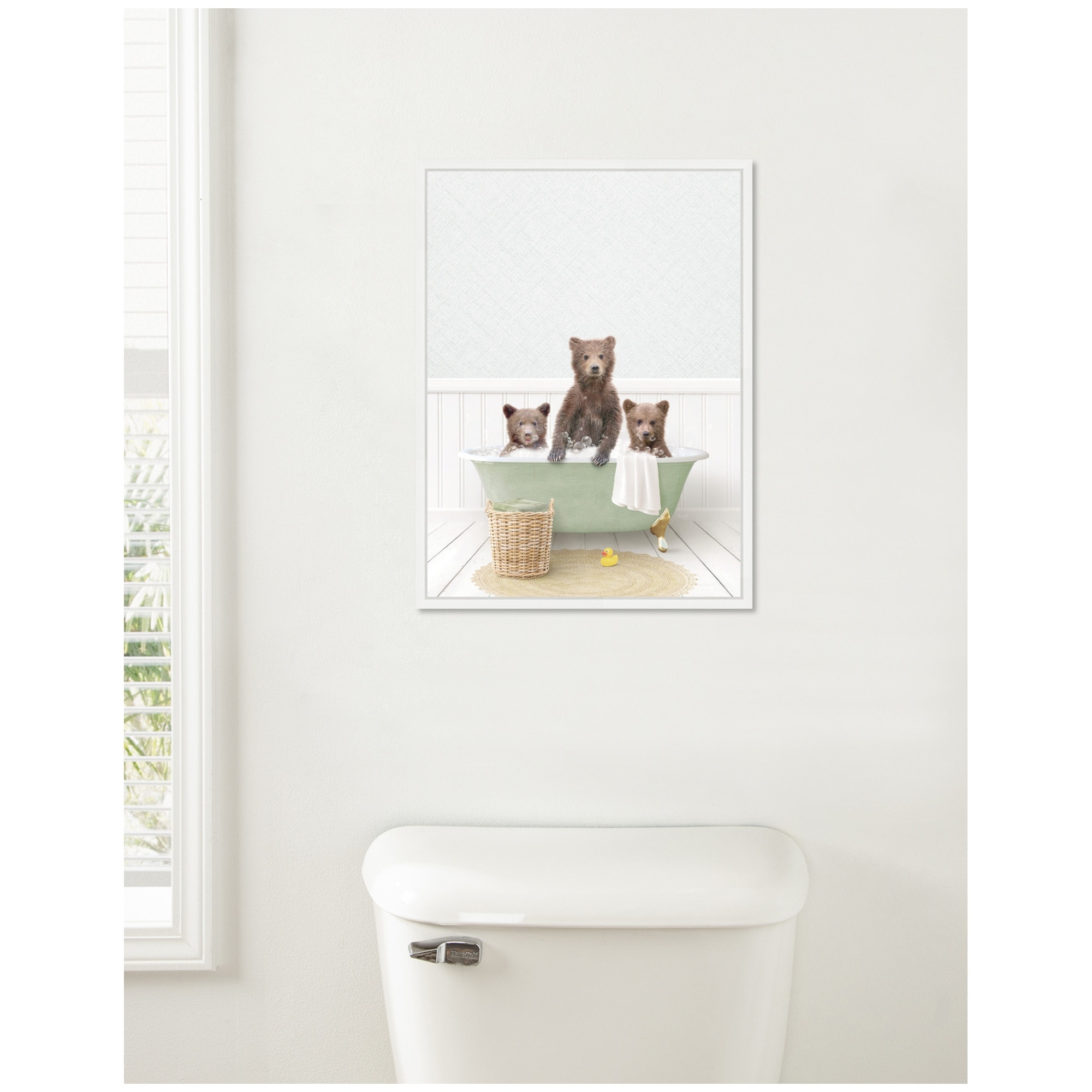 Kate and Laurel Sylvie Three Bear Cubs in Cottage Green Bath Framed Canvas by Amy Peterson