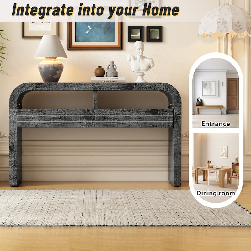 Console Table Entryway Table, Retro Curved Sofa Table with 2 Large Drawers