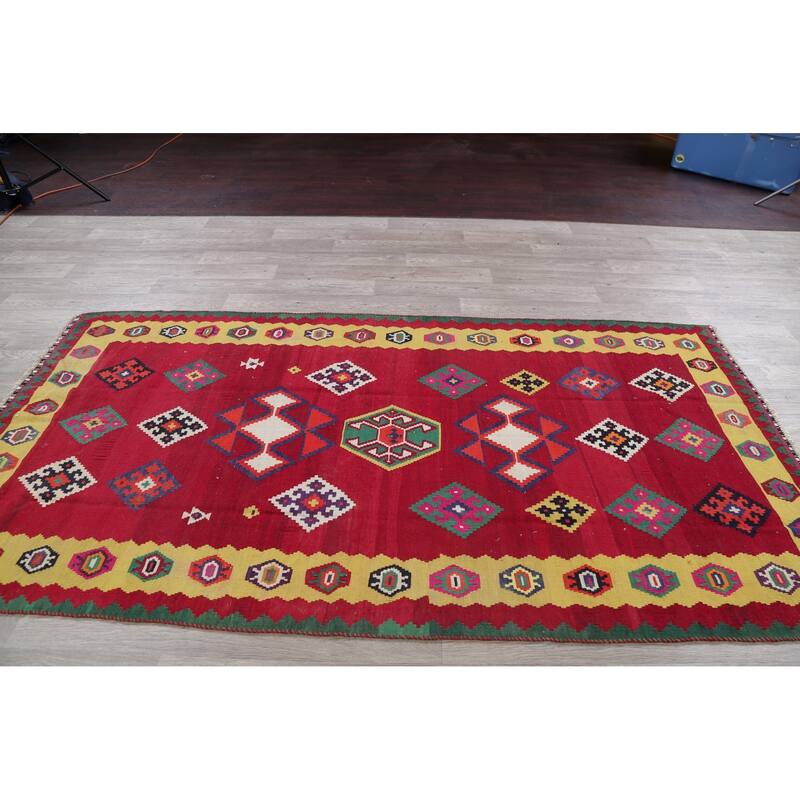 Hand Woven Oriental 100% Wool Carpet Southwestern Geometric Red Kilim Runner Rug - 8' 7'' X 4' 5''