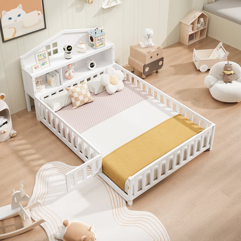 Full Size Platform Bed with Bookcases and Blackboards,Wooden Montessori Floor Bed Frame with Storage Headboard