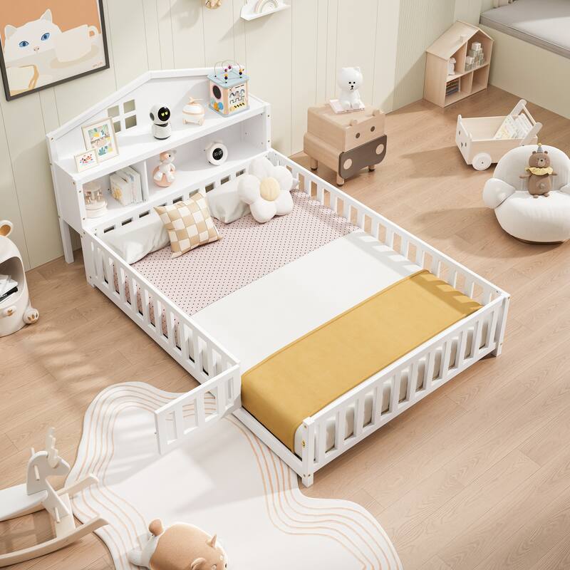 Full Size Plywood Montessori Floor Bed with Bookcases, Blackboards, Guard rails, Solid Wood Floor Beds and Storage Headboards