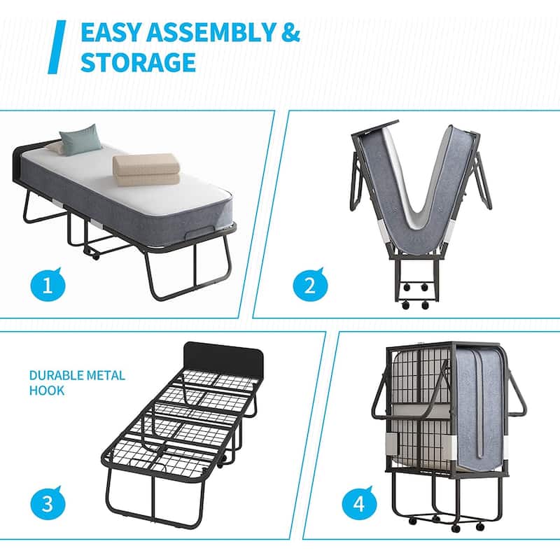 Mixoy Space Saving Fold up Bed with Mattress & 360 Swivel Wheels