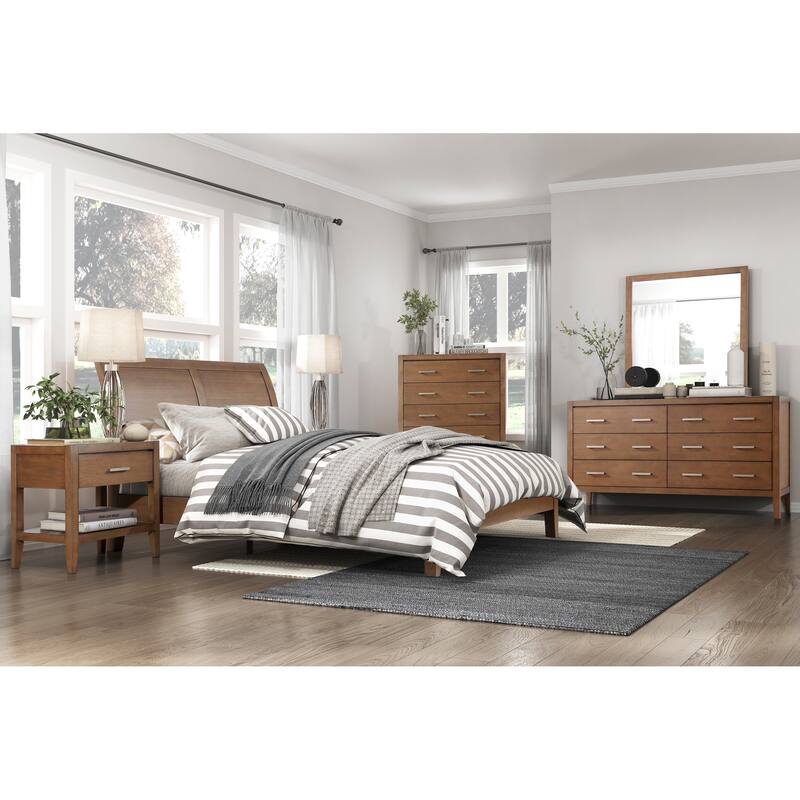 Queen Size Wood Platform Bed with Sleigh Headboard and Transitional Style