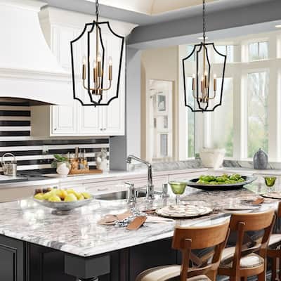 Modern Farmhouse 4-Light Black Gold Lantern Chandeliers Metal Pendant Light for Dining Room