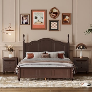 NODEL DESIGN 38kt KING & QUEEN 2個セット 3PCS Retro Design Queen/Full Size Wood Platform Bed Set with 2