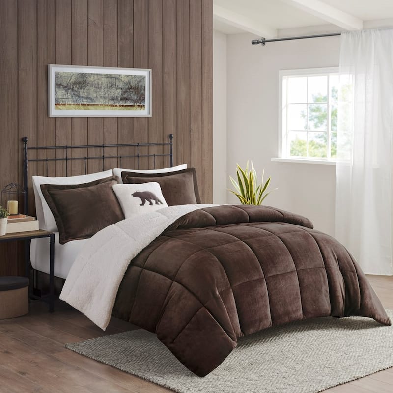 GDF Studio - Alton Plush to Sherpa Down Alternative Comforter Set - Brown & Ivory - Brown+Ivory (Full/Queen)
