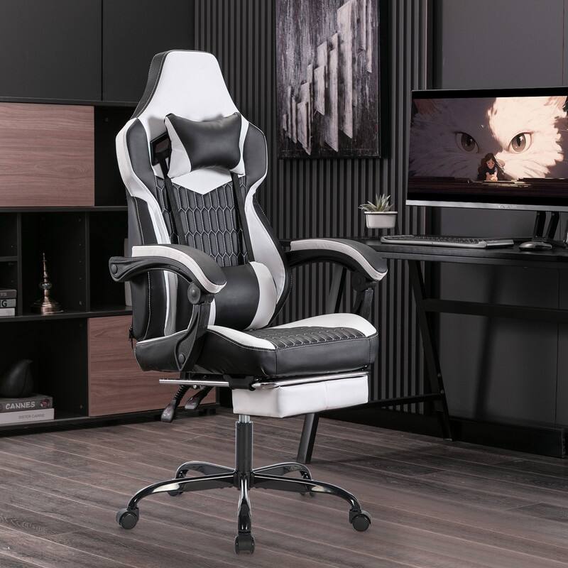 Adults with Footrest Swivel Video Game Chair - White
