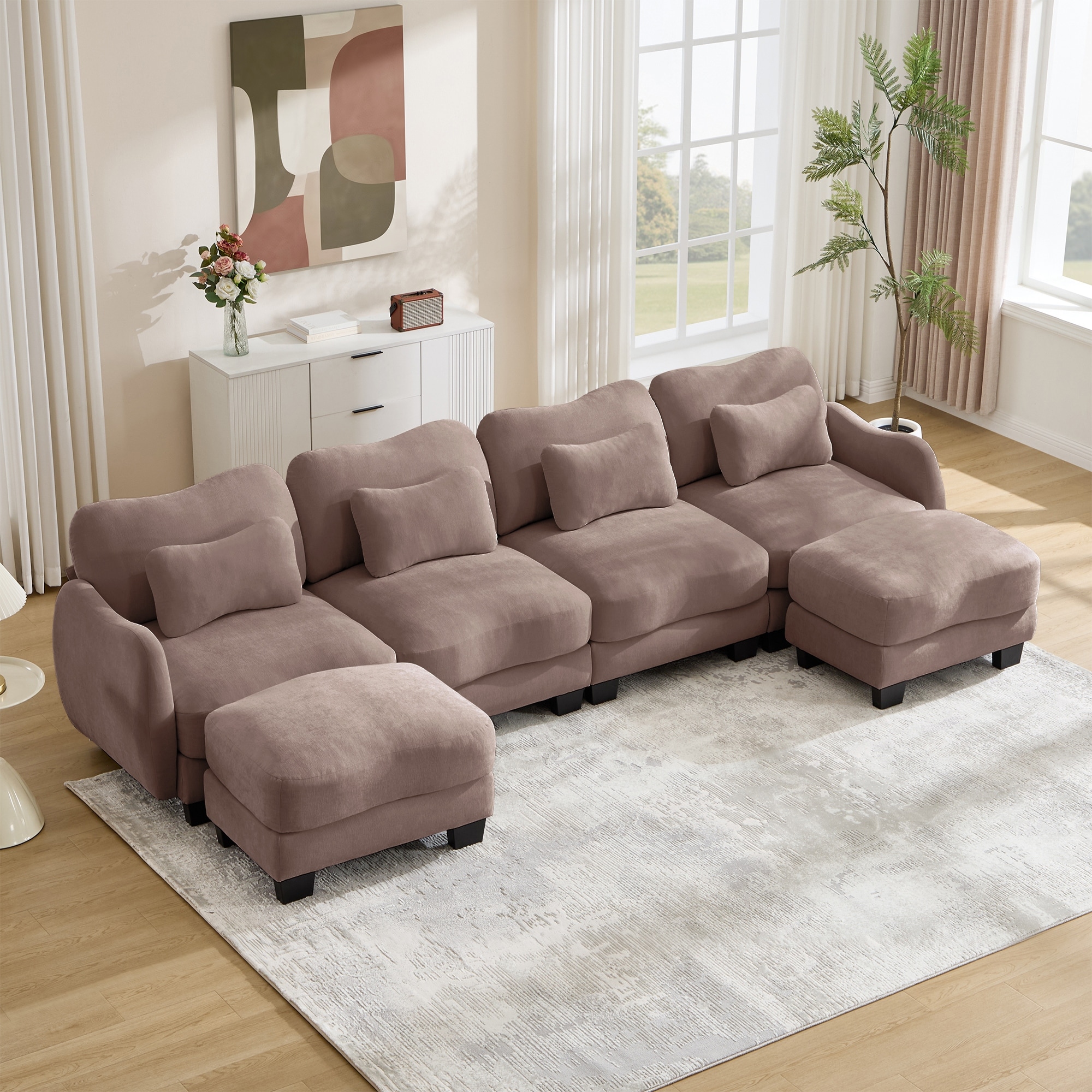 GDFStudio - Oversized Chenille U-Shaped 4-Seat 131.5" Modular Sofa with Lumbar Pillows and Movable Ottomans