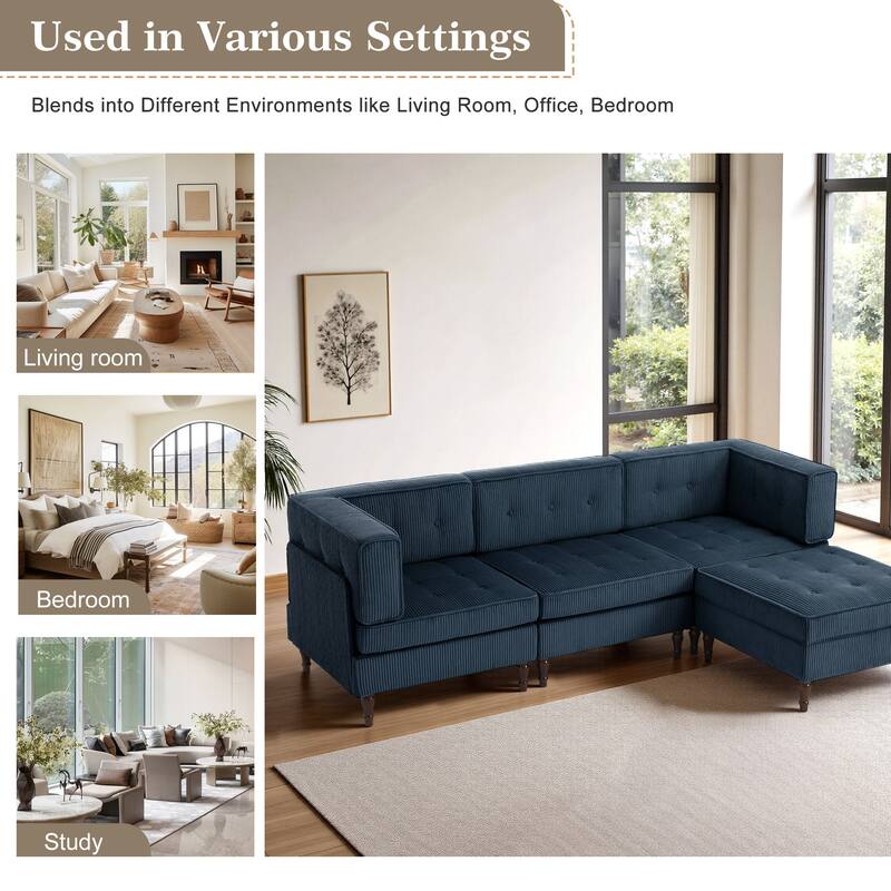 UIXE 4 - Piece Corduroy Sectional Sofa with Flip-Top Storage Ottoman Coffee Table