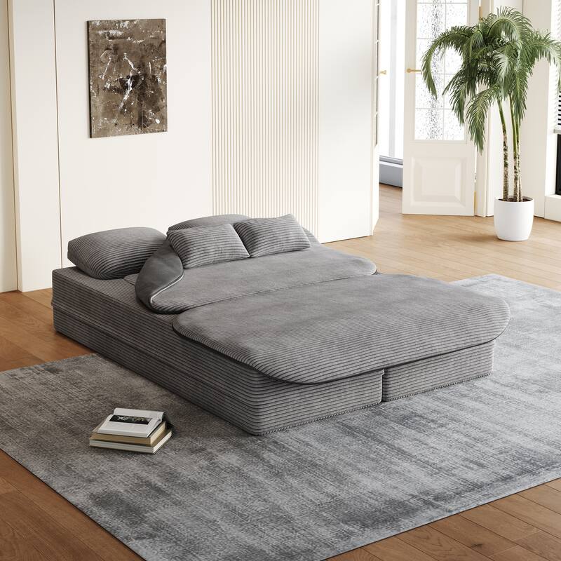 2-in-1 Floor Sleeper Sofa Bed Corduroy Foldable Sofa with Functional Blanket and Pillows for Living Room Bedroom Studio