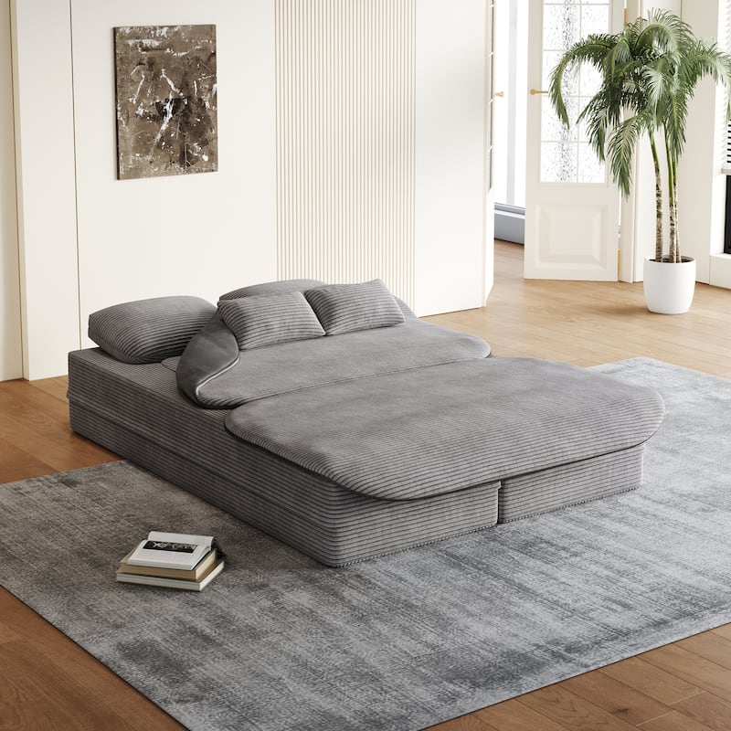 GDFStudio - Lysander Corduroy Foldable Sleeper Sofa Bed with Multi Functional Blanket