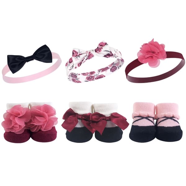 slide 1 of 1, Hudson Baby Infant Girl Headband and Socks Giftset 6pc, Burgundy Floral, One Size - Burgundy Floral 6-Piece Burgundy Floral 6-Piece - One Size